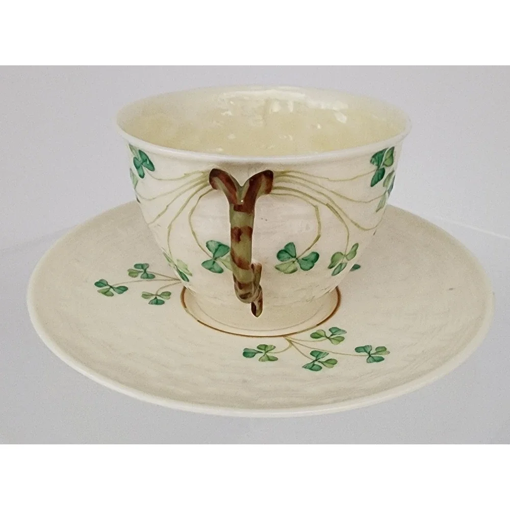 Belleek Shamrock Tea Cup Saucer Vase Basketweave Ireland Green Mark